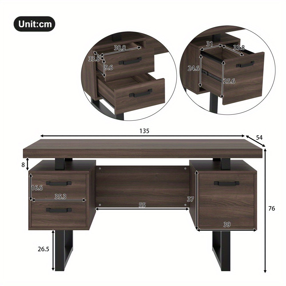 Bureau – Bureautafel – Werktafel – Computertafel – Schrijftafel – Bruin Houten Bureau – 135x54 cm – Fluisterstille Laden & Spatwaterbestendig