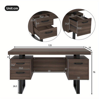 Bureau – Bureautafel – Werktafel – Computertafel – Schrijftafel – Bruin Houten Bureau – 135x54 cm – Fluisterstille Laden & Spatwaterbestendig