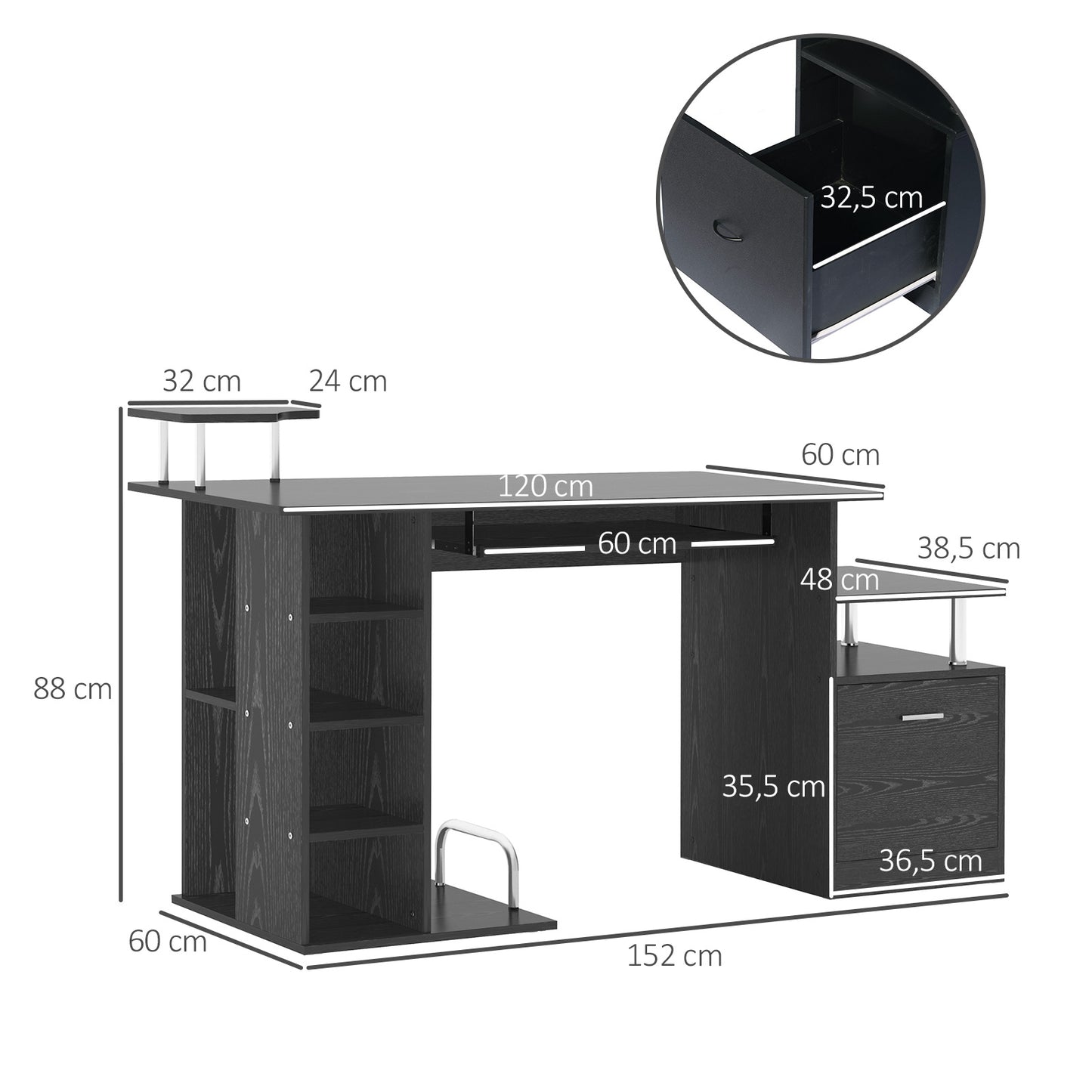 Computerbureau – Werkplek – Bureaustoel – Study Desk – Thuiswerkkantoor – Compact 152x60x88 cm – Stevig MDF en Metaal
