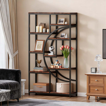 Tall 5-Tier Industrial Bookcase with 9-Shelf Open Storage - Rustic Modern Freestanding Shelving Unit Suitable for Living Room, Bedroom, Christmas Decor - Wood & Metal Frame, Assembly, Space-Saving Vertical Organizer