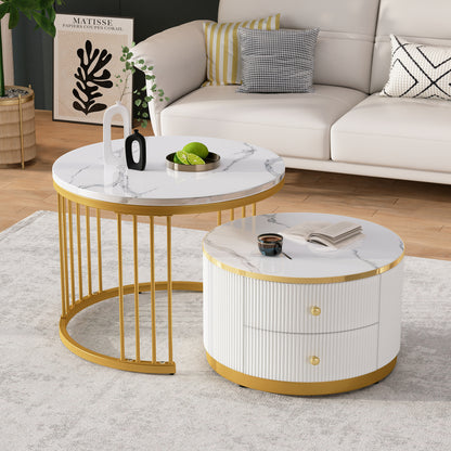 Modern Nesting Coffee Table Set with Two Drawers - Space-Saving Stackable Design, Marble-Like Round Tabletops, Metal Frame & High-Gloss Finish, 60x60x45.5cm & 50x50x32cm, 30kg Weight Capacity, Easy Assembly for Small Living R