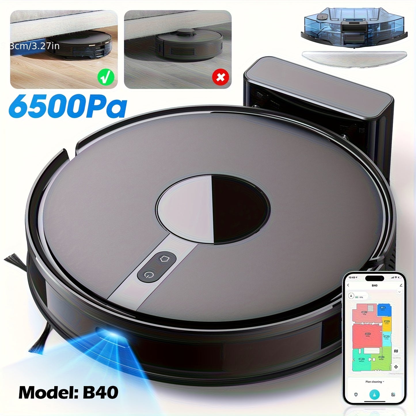 Robotstofzuiger SL60/B40 – Robotstofzuiger – Robotmop – Automatische Stofzuiger – Slimme Vloerreiniger – Lasernavigatie – 6500Pa Zuigkracht
