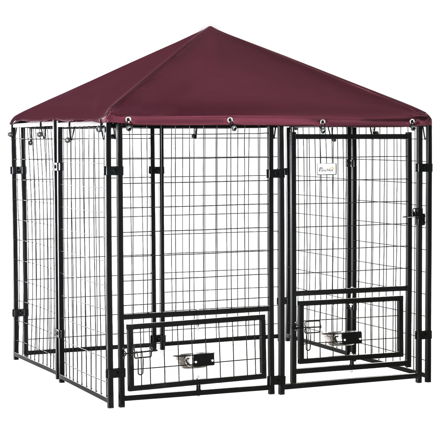 Hondenhok – Hondenren – Kennel – Hondenkooi – Buitenren – Roestvrij Stalen Frame – Waterbestendig Oxford Dak – 141x141x153 cm – 2 Roterende Voerbakken