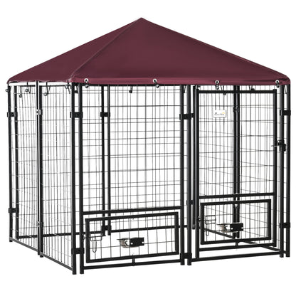 Hondenhok – Hondenren – Kennel – Hondenkooi – Buitenren – Roestvrij Stalen Frame – Waterbestendig Oxford Dak – 141x141x153 cm – 2 Roterende Voerbakken