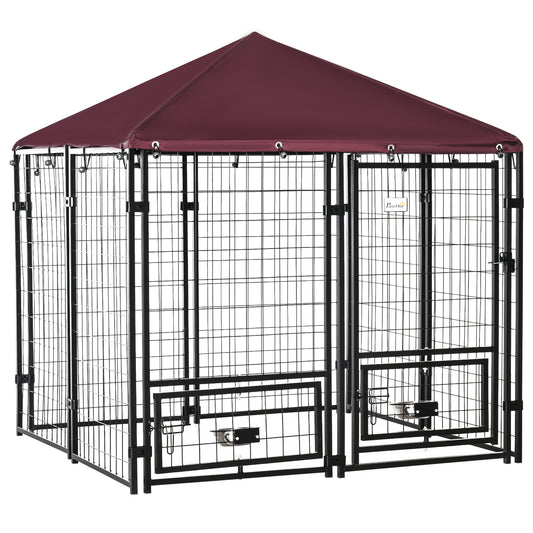Hondenhok – Hondenren – Kennel – Hondenkooi – Buitenren – Roestvrij Stalen Frame – Waterbestendig Oxford Dak – 141x141x153 cm – 2 Roterende Voerbakken