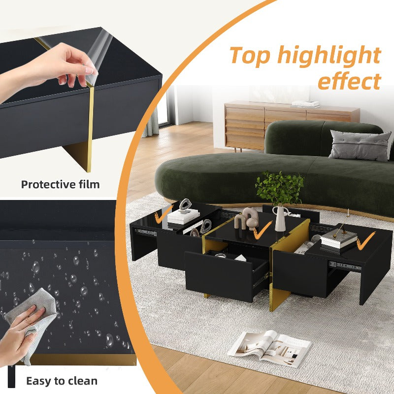 Zwart Salontafel – Koffietafel – Accenttafel – Opbergtafel – Woonkamertafel – Hoogglans Design – 4 Laden – Geen Montage – Compact 100x50x35 cm – Gouden Frame