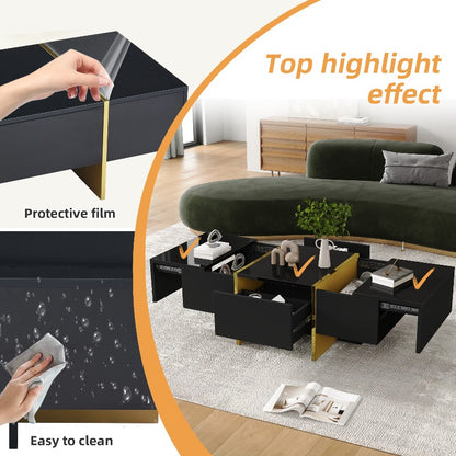 Zwart Salontafel – Koffietafel – Accenttafel – Opbergtafel – Woonkamertafel – Hoogglans Design – 4 Laden – Geen Montage – Compact 100x50x35 cm – Gouden Frame