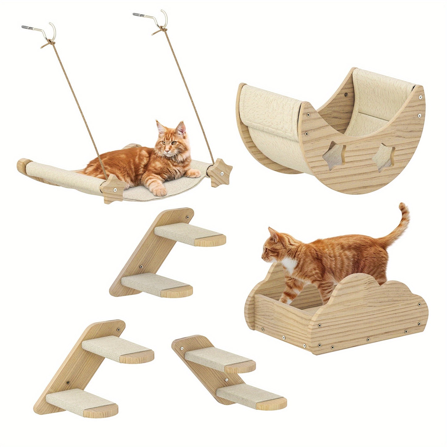 Krabpaal – Kattenboom – Kattenhuis – Klimframe – Kattenmeubel – Houten 6-delige Klimset – Anti-Kantel Ontwerp – Inclusief Hangmat en Kattenbedden