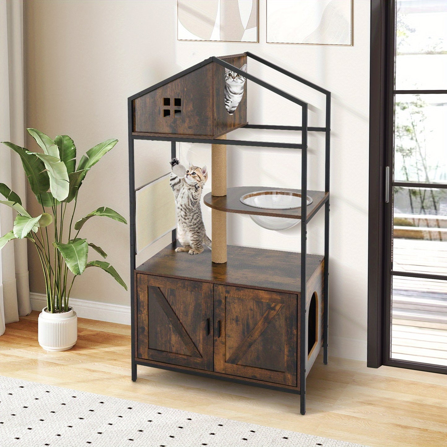 Kattentoren – Krabpaal – Kattenhuis – Kattenmeubel – Kattenbakmeubel – Ingebouwde Kattenbak – Ventilatieopeningen – Stevig Metaal & Jute – Rustic Brown/Black