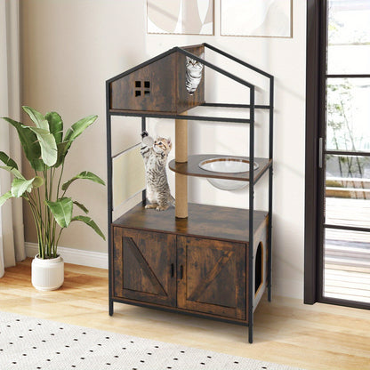 Kattentoren – Krabpaal – Kattenhuis – Kattenmeubel – Kattenbakmeubel – Ingebouwde Kattenbak – Ventilatieopeningen – Stevig Metaal & Jute – Rustic Brown/Black