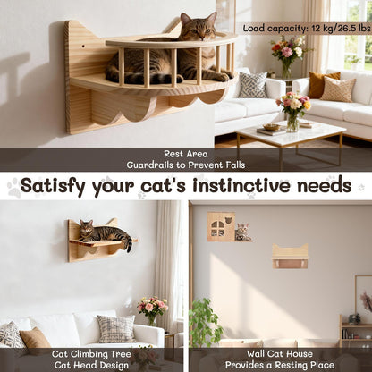 Krabpaal – Kattenboom – Kattenhuis – Kattenmeubel – Klimmeubel – 5-in-1 Muurklimset – Massief Hout – Ruimtebesparend Design