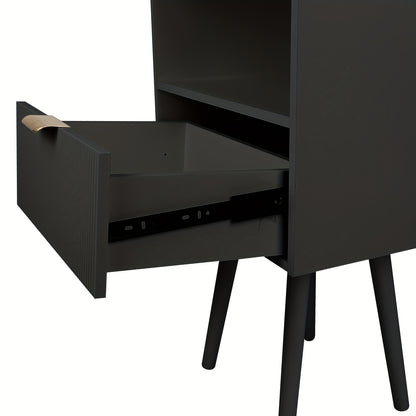 Black Compact Bedside Table with Drawer - Mid-Century Modern Style, Sturdy Wooden Frame, Open Storage Shelf, Space-Saving Multifunctional Small Decorative Desk, 42x30x65cm, Bedroom Nightstand, Elegant Furniture Design, Durabl