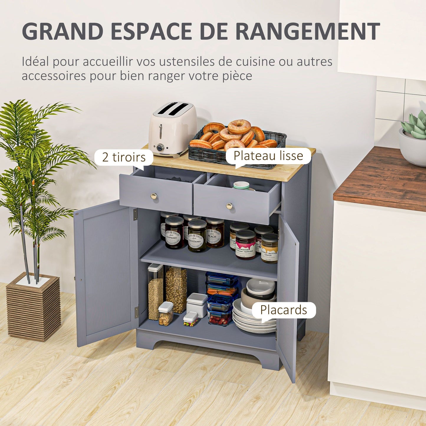 HOMCOM Multi-Storage Buffet with 2 Doors And Adjustable Shelf 2 Sliding Drawers Wooden Teak Top