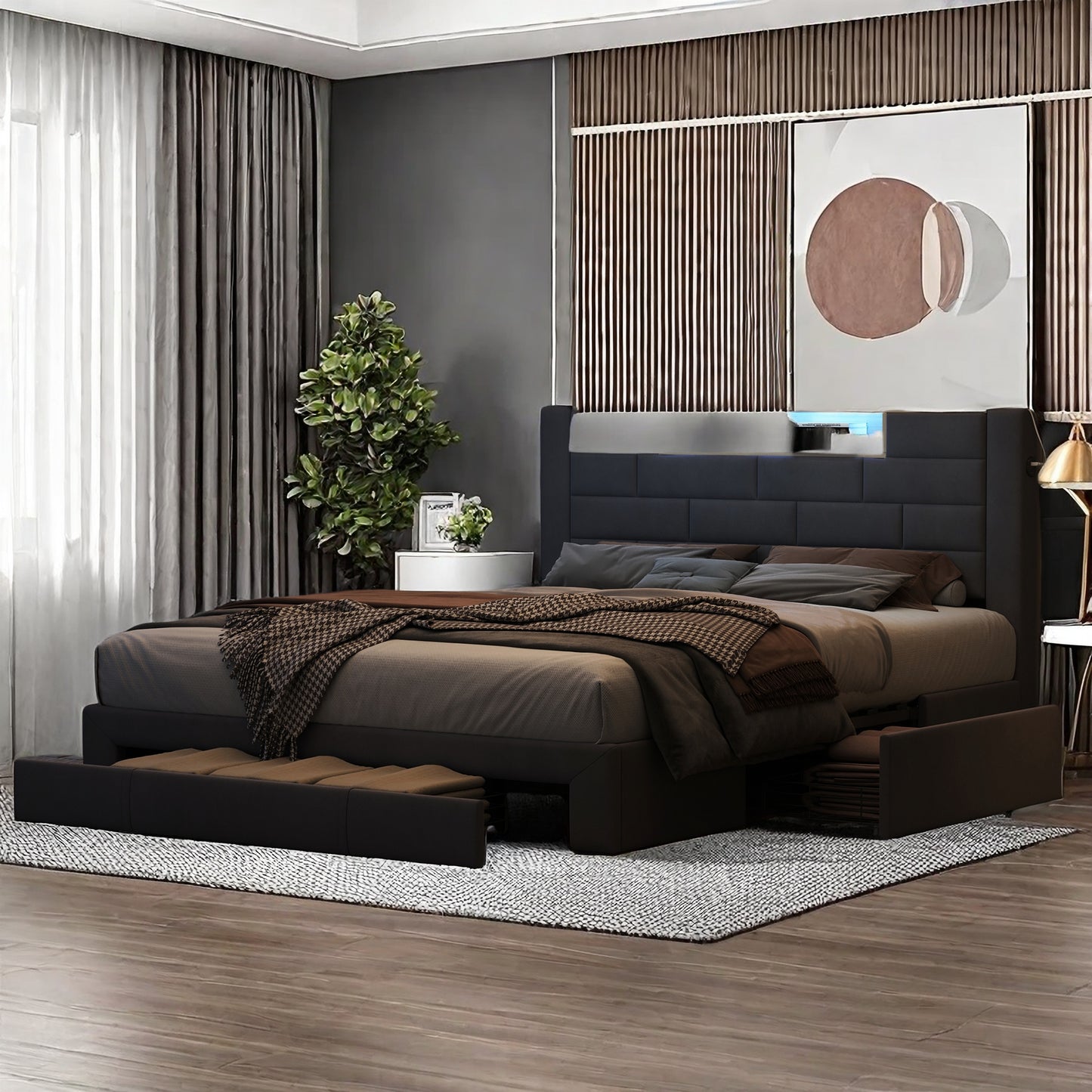 Tweepersoonsbed – Dubbelbed – Slaapbed – Led-bed – Opbergbed – Grijs 140x200 cm – Ingebouwde LED-verlichting – USB- en Type-C-poorten