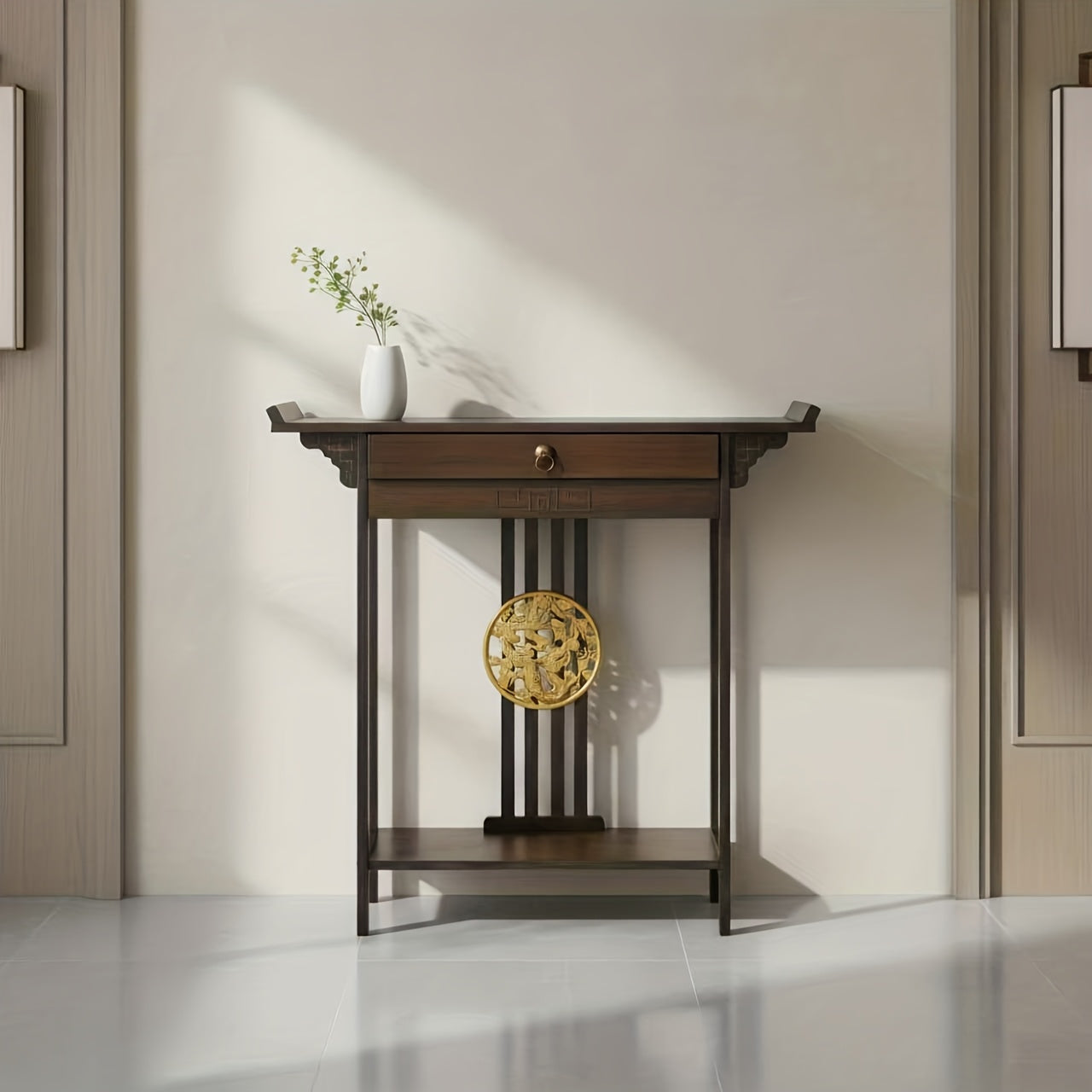Retro Farmhouse Sidetable – Houten Dressoir – Halmeubel – Sofa Tafel – Nachtkastje – Donkerbruin – Massief Hout – Lade en Plank – 119,89x39,88x76,96 cm – Gouden Knoppen – Eenvoudige Montage
