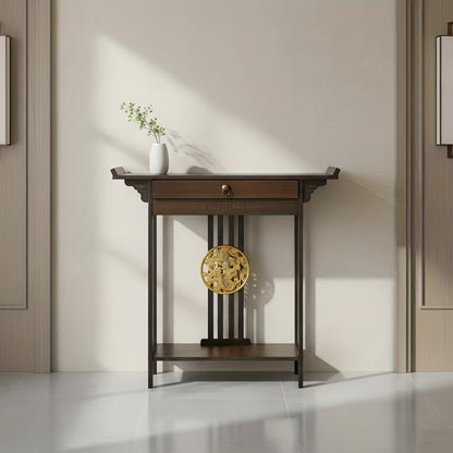 Retro Farmhouse Sidetable – Houten Dressoir – Halmeubel – Sofa Tafel – Nachtkastje – Donkerbruin – Massief Hout – Lade en Plank – 119,89x39,88x76,96 cm – Gouden Knoppen – Eenvoudige Montage
