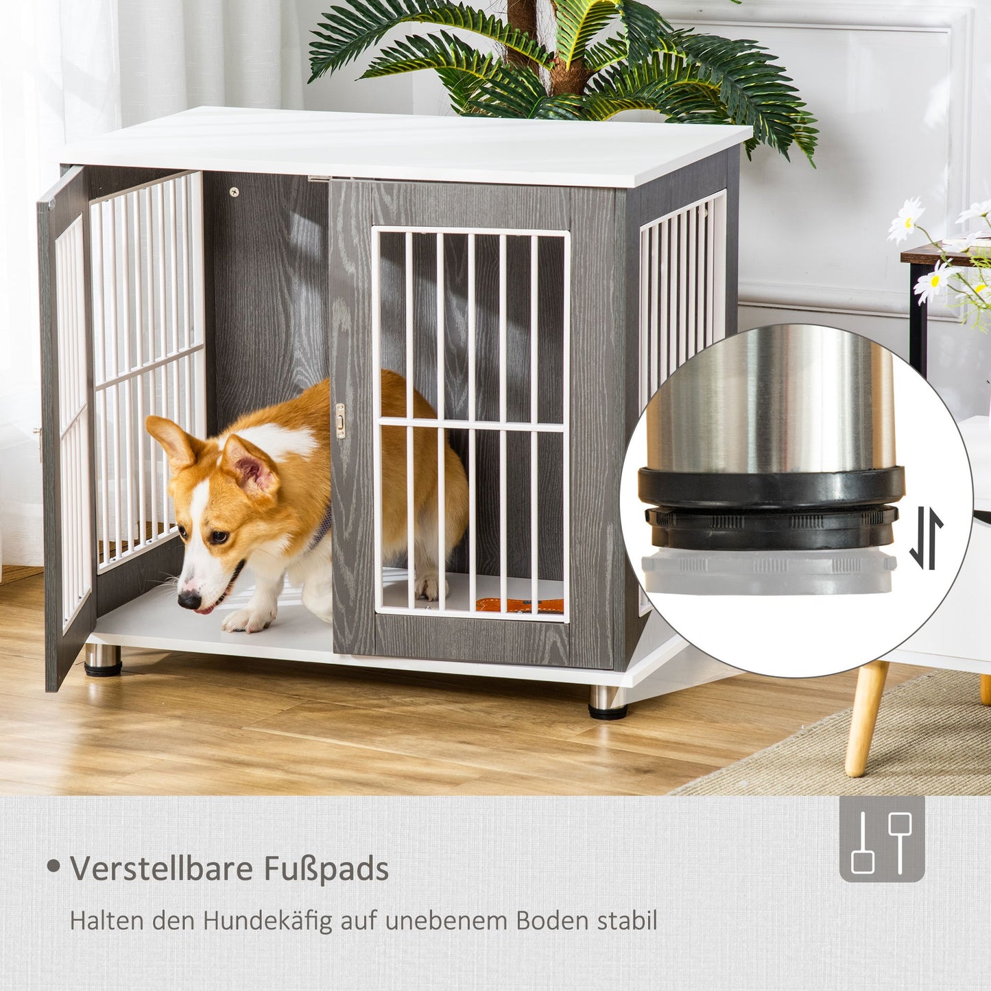 Hondenbench – Hondenkooi – Transportbench – Hondenhok – Dierenbench – Vergrendelbare Hondenbench – Stevig Houten Frame – Verstelbare Voetjes – Grijs-Witte Kleur