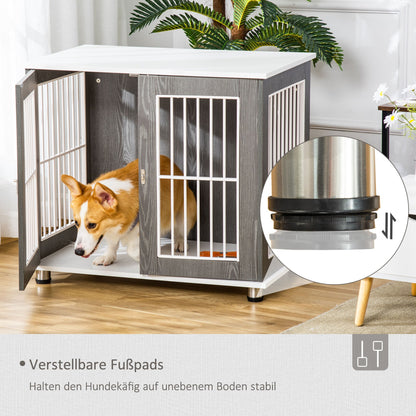 Hondenbench – Hondenkooi – Transportbench – Hondenhok – Dierenbench – Vergrendelbare Hondenbench – Stevig Houten Frame – Verstelbare Voetjes – Grijs-Witte Kleur