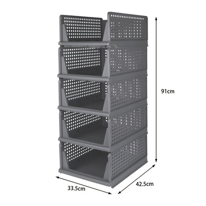 Opbergbox – Opbergmand – Opberger – Opbergkrat – Opbergdoos – Set van 5 – Stapelbaar en Inklapbaar – Duurzaam Kunststof 33,5x43x18 cm – Ruimtebesparend en Multifunctioneel