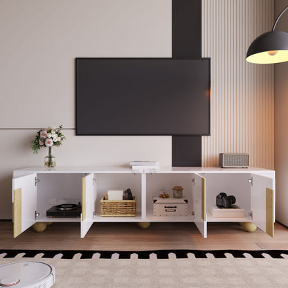 Tv-meubel – TV-kast – Tv-dressoir – Mediameubel – Witte uitvoering – 180 cm breed – Marmer-look oppervlak – Bolvormige houten poten