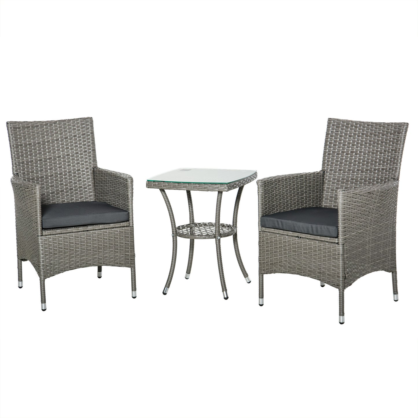 Bistro Set 2-Zits – Tuinset – Loungeset – Balkonmeubilair – Zitgroep – Wicker Rattan – Grijze Kussens – Temperglas Tafel