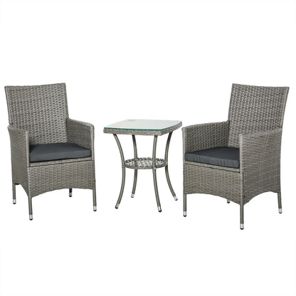 Bistro Set 2-Zits – Tuinset – Loungeset – Balkonmeubilair – Zitgroep – Wicker Rattan – Grijze Kussens – Temperglas Tafel