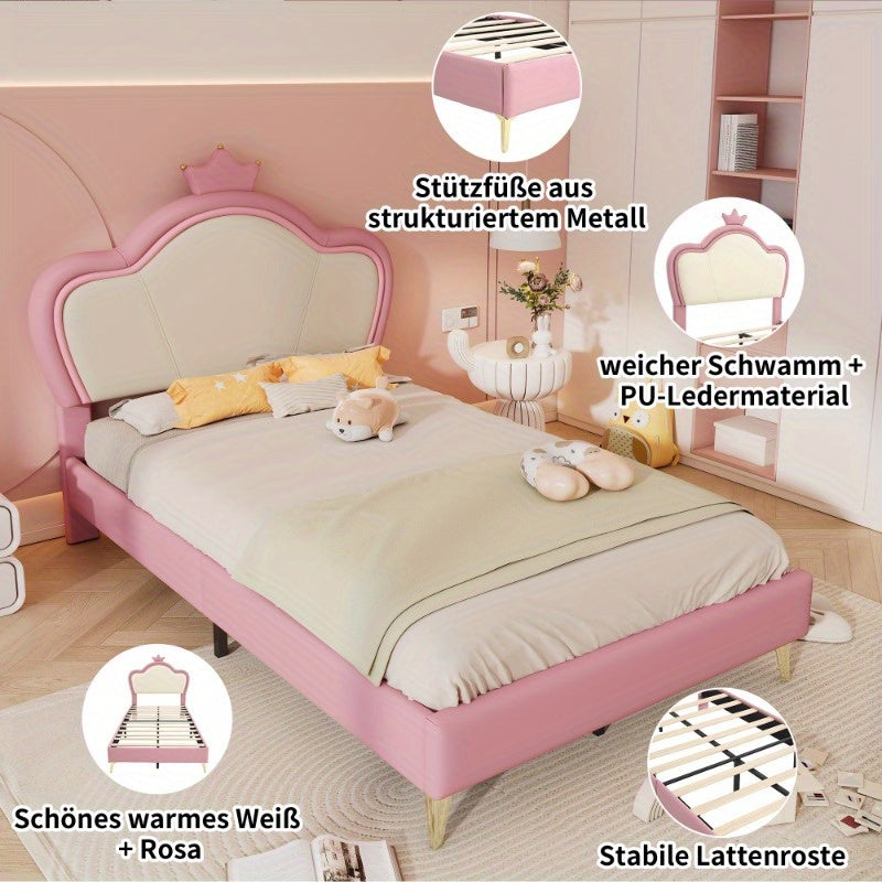Upholstered Bed – Bedframe – Slaapbank – Bed Met Hoofdbord – Eenpersoonsbed – Roze Wit PU Bekleed – Veiligheidspadding – Metaal Metalen Poten – Elegant Contour Design – 90x200 cm