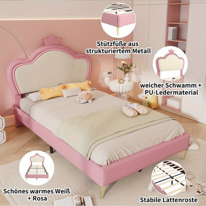 Upholstered Bed – Bedframe – Slaapbank – Bed Met Hoofdbord – Eenpersoonsbed – Roze Wit PU Bekleed – Veiligheidspadding – Metaal Metalen Poten – Elegant Contour Design – 90x200 cm