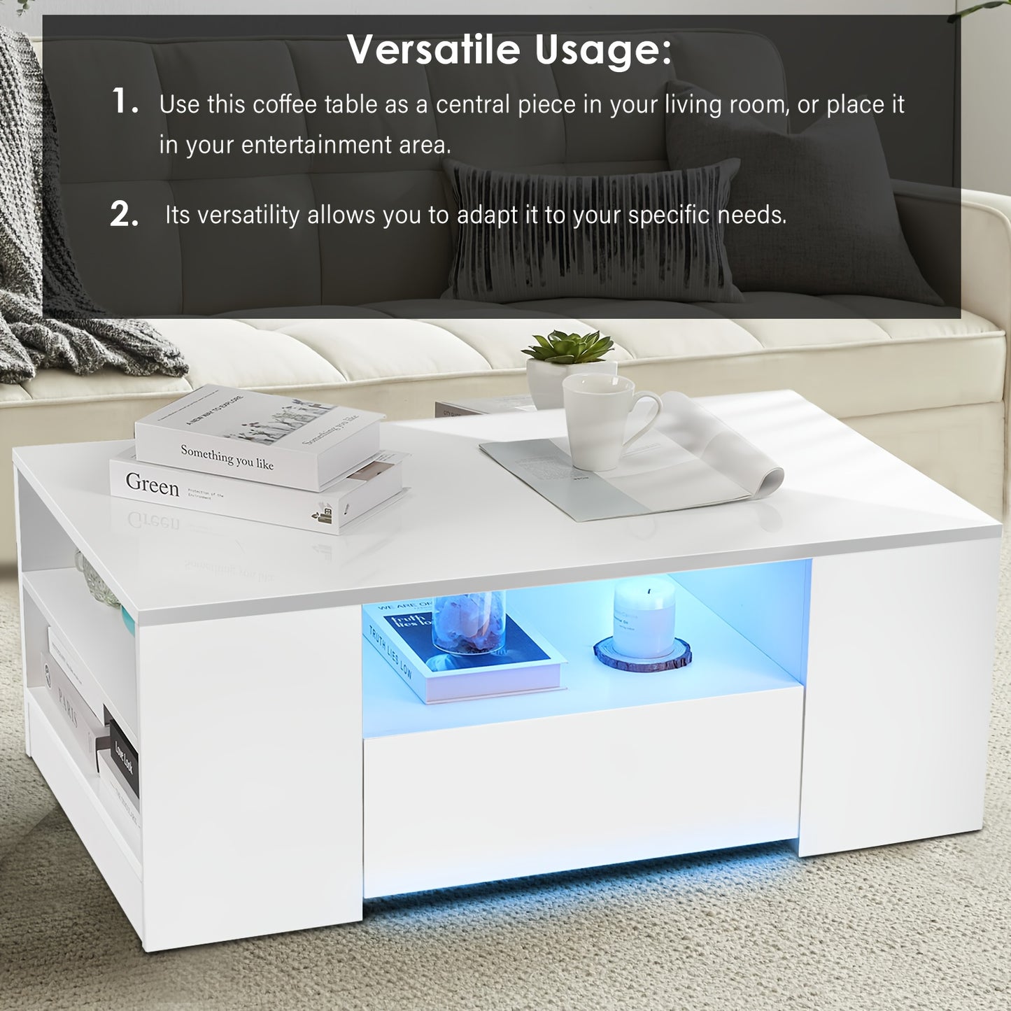 High Gloss Salontafel met Opbergruimte – Wit – RGB LED-verlichting, 2 Laden & Open Plank – Rechthoekige Tafel voor Woonkamer en Kantoor