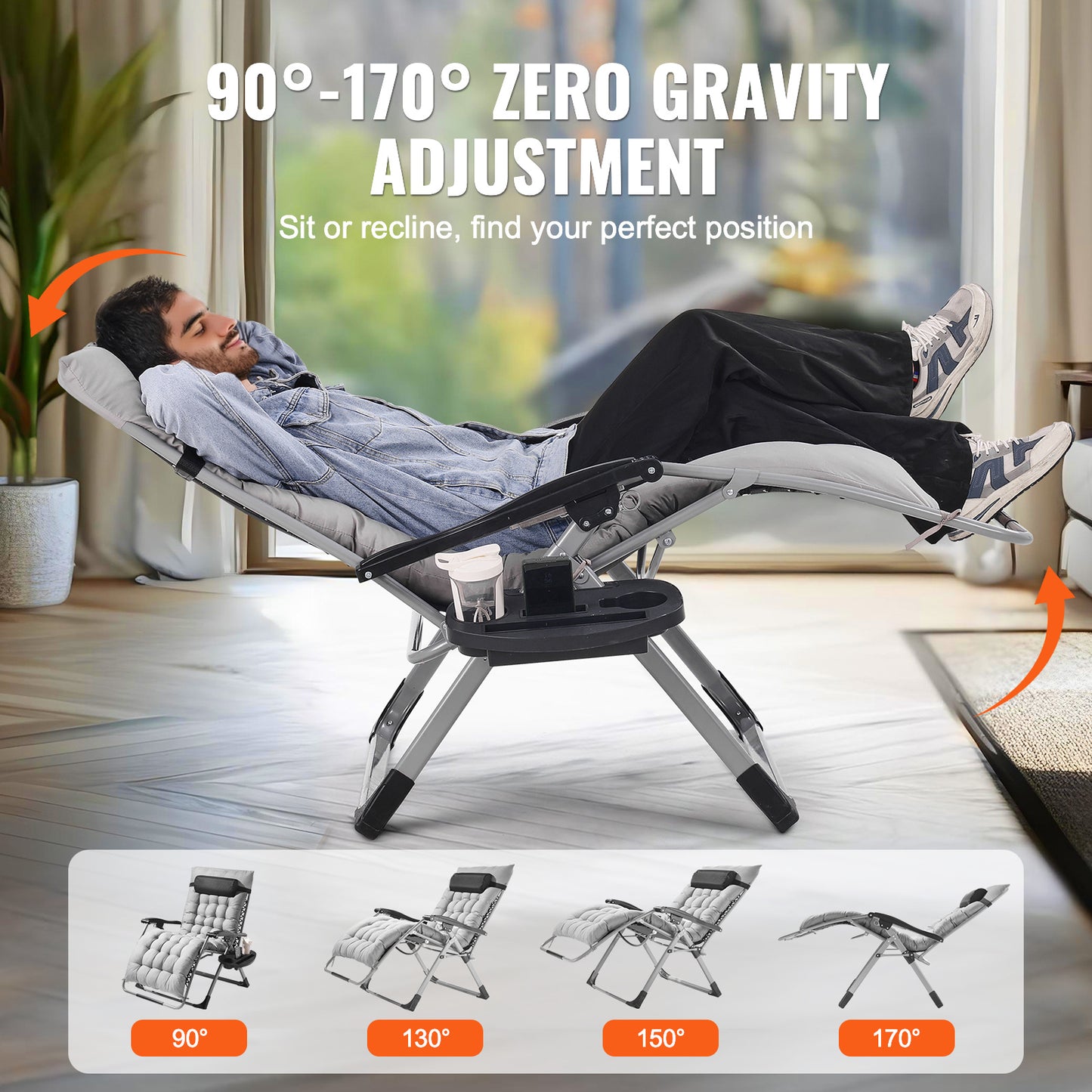 Zero Gravity Stoel – Relaxstoel – Ligstoel – Loungestoel – Tuinstoel – Grijs – Verstelbare Rugleuning 90°-170° – Stevig Stalen Frame 225 kg Draaggewicht