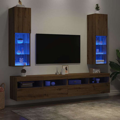 TV-meubel – TV-kast – TV-meubel met verlichting – Mediameubel – Opbergmeubel – Artisanale eikenlook – RGB LED-verlichting – Wandmontage mogelijk – Compact ontwerp 30,5x30x102 cm