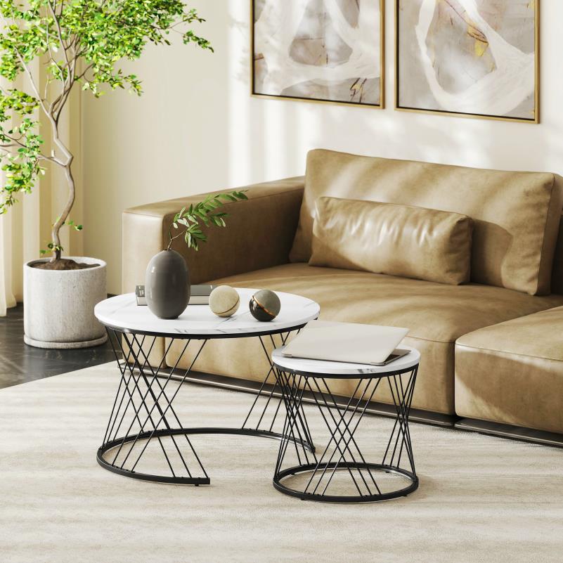 Salontafel – Woonkamertafel – Bijzettafel – Koffietafel – Patioset – Ronde Set Van 2 – Wit Spaanplaat Marmerlook – Metalen Geometrisch Onderstel