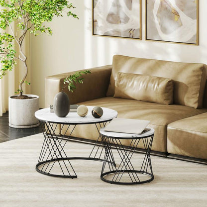 Salontafel – Woonkamertafel – Bijzettafel – Koffietafel – Patioset – Ronde Set Van 2 – Wit Spaanplaat Marmerlook – Metalen Geometrisch Onderstel