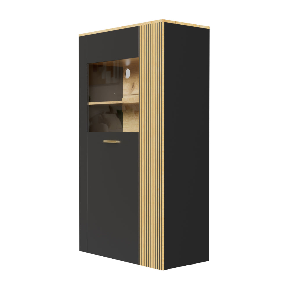 Opbergkast – Opbergmeubel – Kast Met Deuren – Buffetkast – Hoge Kast – Zwart – Moderne Glasdeuren – 3 Vaste + 2 Verstelbare Planken – Gouden Accentpoten – Ruimtebesparend & Duurzaam