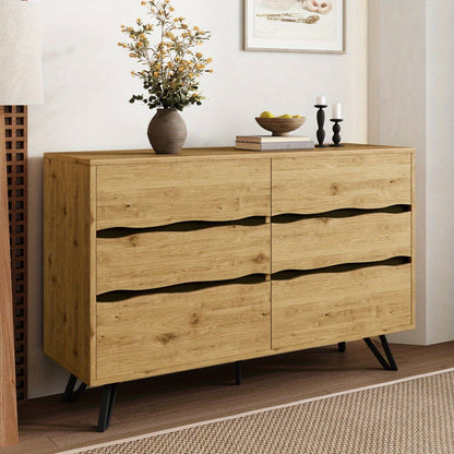 Dressoir – Sideboard – Opbergkast – Ladenkast – Kast – Natuurlijk Kleur – 6 Lades – Metalen Pootjes – Ruime Opbergruimte – Eenvoudige Montage