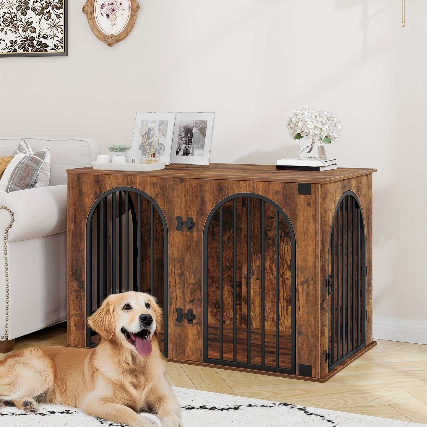 Hondenbench – Hondenkooi – Hondenkast – Hondenhok – Huisdierenbench – Retro Bruin – 3-Deurs Boogvormige Deur – Stevig Houten Meubel – 108 x 64 x 76 cm