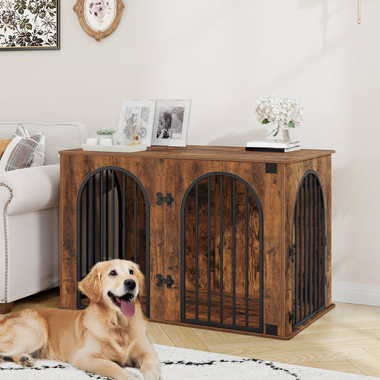 Hondenbench – Hondenkooi – Hondenkast – Hondenhok – Huisdierenbench – Retro Bruin – 3-Deurs Boogvormige Deur – Stevig Houten Meubel – 108 x 64 x 76 cm