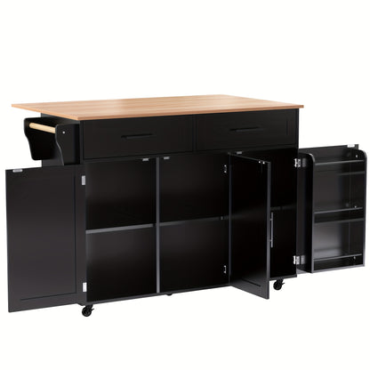 Dressoir – Sideboard – Opbergkast – Ladekast – Kastenmeubel – Zwart – Massief Houten Blad – Inklapbare Werkbank – Wieltjes – 129x46x91,5 cm