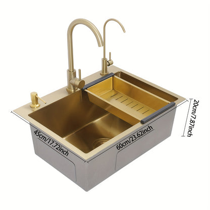 Enkele Spoelbak – Keukenspoelbak – Inbouwspoelbak – Onderbouwspoelbak – RVS Goudkleurig – 60x45 cm – Inclusief 2 Kraan Gaten, Zeepdispenser en Afloopmandje