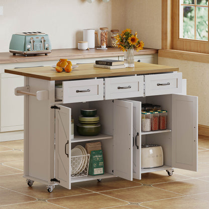 White Barn-Style Mobile Kitchen Island with Fold-Down Worktop, Lockable Doors & Drawers, Heavy-Duty Metal Frame, 4-Door with 5-Wheel Lock, Space-Saving Design for Small Kitchens (140x43x90.5cm) - Assembly Required