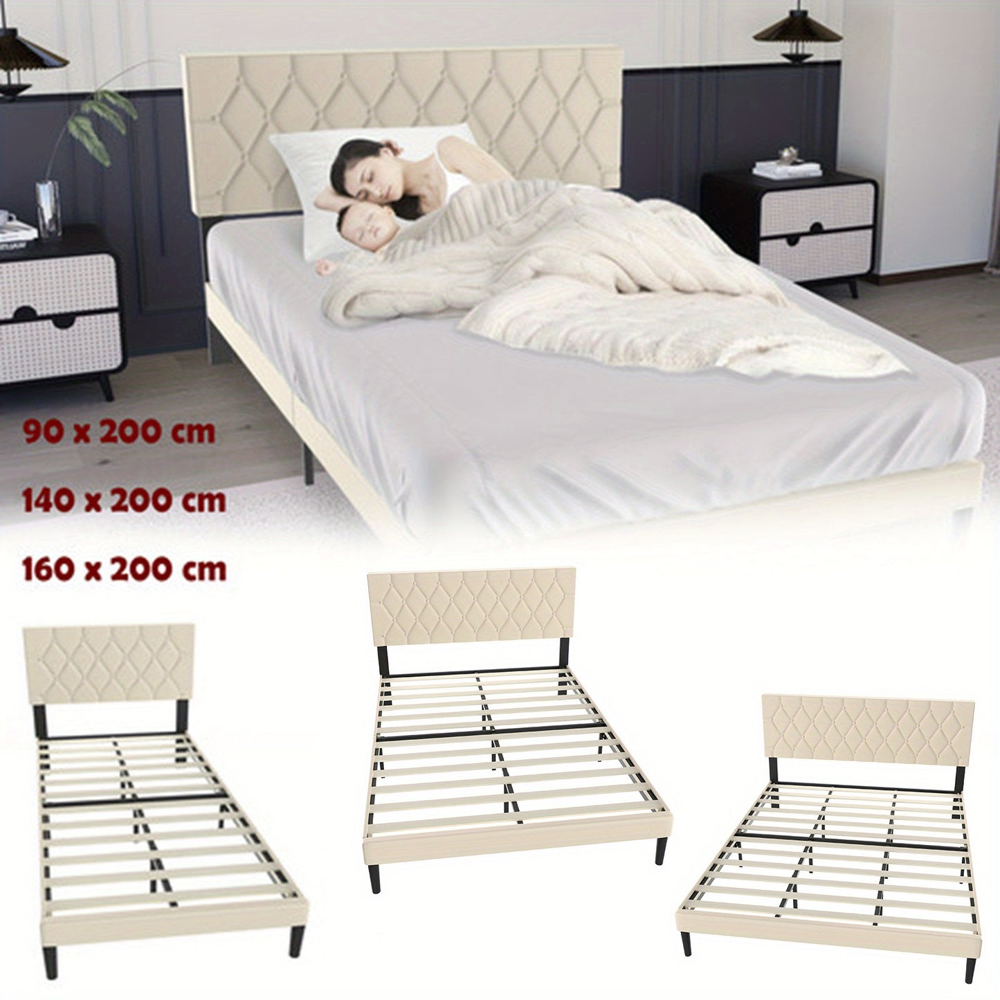 Bedframe – Bed – Tweepersoonsbed – Gestoffeerd bed – Ledikant – Beige Kunstleren Bekleding – 140x200 cm – Stevig MDF Metalen Frame – Max. Draagkracht 300 kg