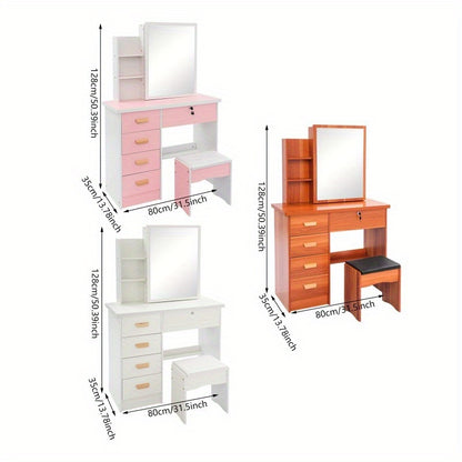 kaptafel – make-up tafel – cosmetische tafel – dressing table – toilettafel – modern roze-witte kaptafel – 5 lades & opbergruimte – stevig MDF fiberboard design