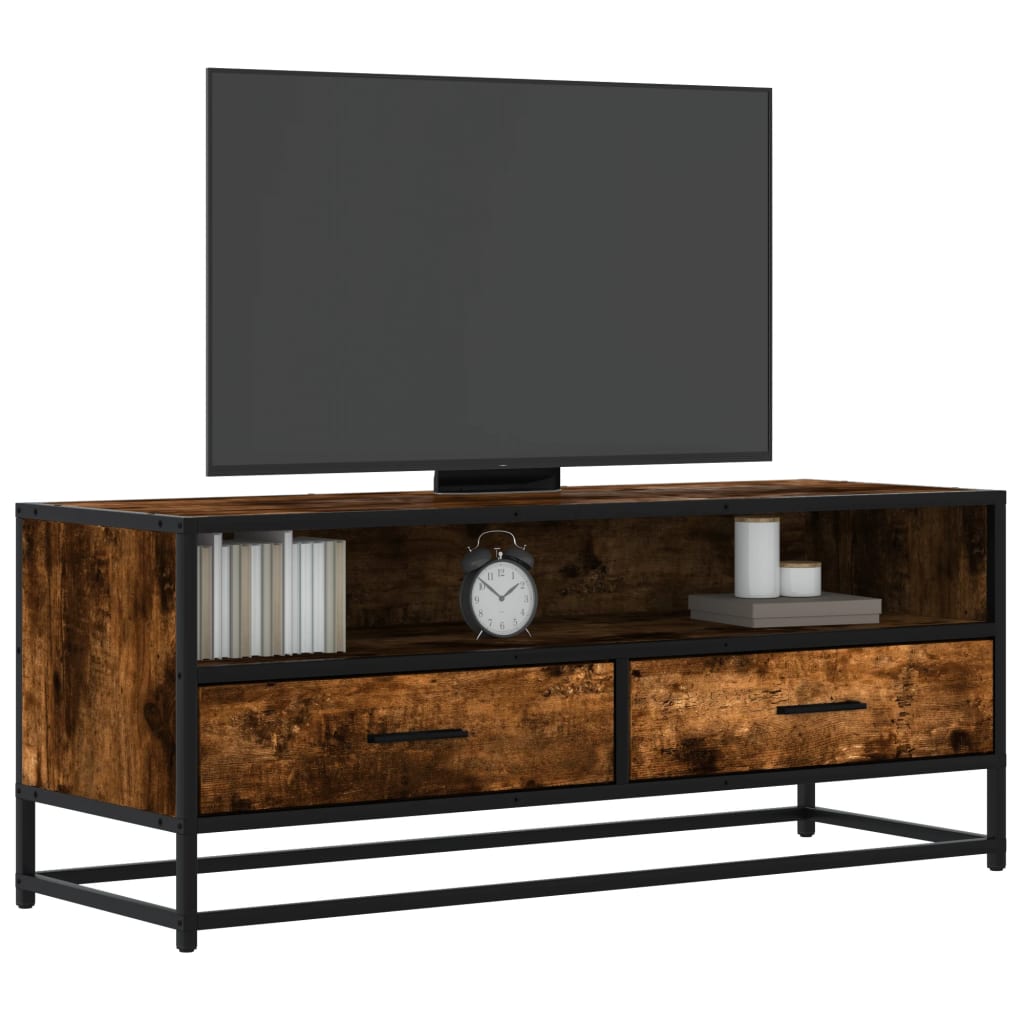 TV Cabinet Smoked Oak 100x34.5x40 cm Engineered Wood and Metal TV Stand Entertainment Center with Storage, Media Television Table for Living Room Bedroom