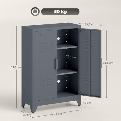 Archiefkast – Opbergkast – Kantoorkast – Dossierkast – Metalen Kast – Grijs – Lameldeuren – 2 Verstelbare Legborden – Stevig en Functioneel – 75x33x110 cm