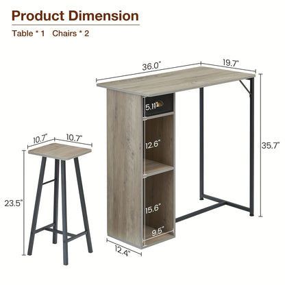 Retro Barset – Bistroset – Eettafelset – Barmeubel – Koffietafel – Compact Formaat – Inclusief Opberglade – Grijs