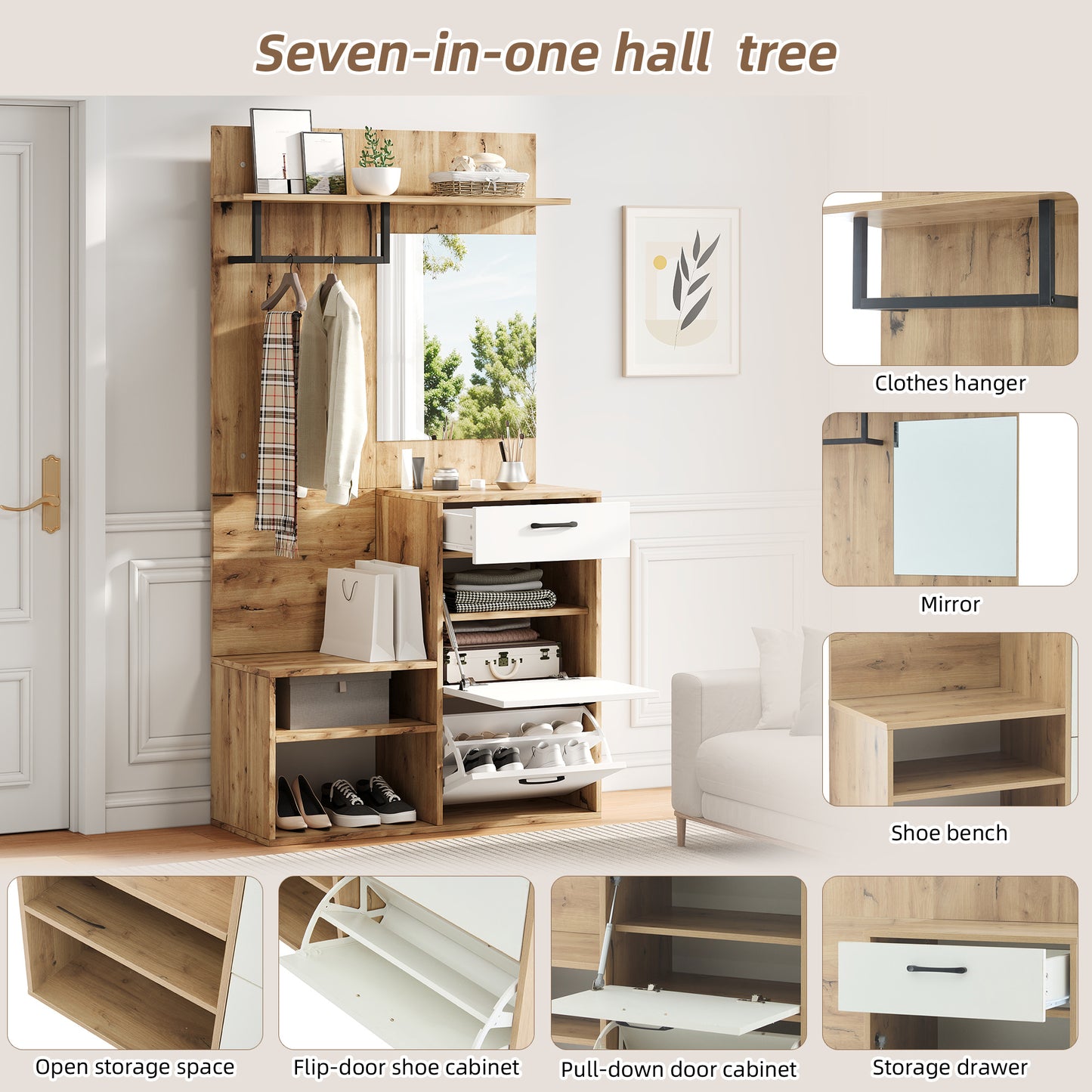 Halmeubel – Kapstok – Schoenenkast – Zitbank – Spiegel – Wit Met Houtlook – Compact Ontwerp 100x38,5x190 cm – Multifunctioneel Met Lade En Opslagruimte