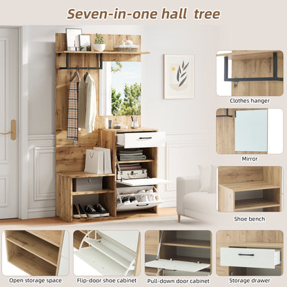 Halmeubel – Kapstok – Schoenenkast – Zitbank – Spiegel – Wit Met Houtlook – Compact Ontwerp 100x38,5x190 cm – Multifunctioneel Met Lade En Opslagruimte