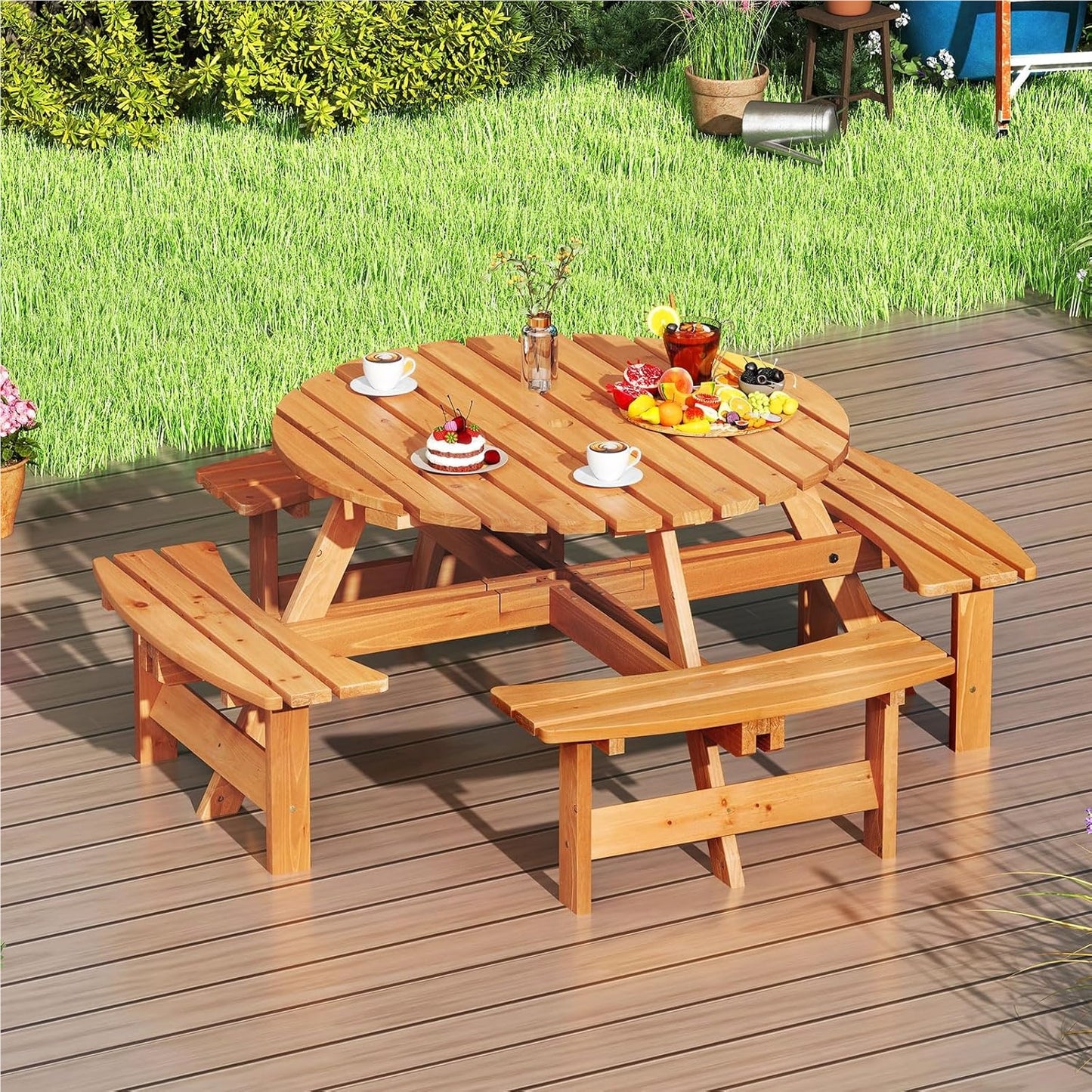 Picknicktafel – Tuintafel – Tuinmeubel – Picknickbank – Buitenmeubel – Rond 110 cm – Massief Grenenhout Met Parasolgat