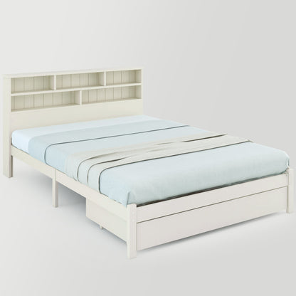 Beddenkasten – Bed Met Opbergruimte – Tweepersoonsbed – Ledikant – Slaapbank – Wit Modern Tweepersoonsbed 140x200 cm – Opberglades Onder Bed – Hoofdbord Met 6 Vakken