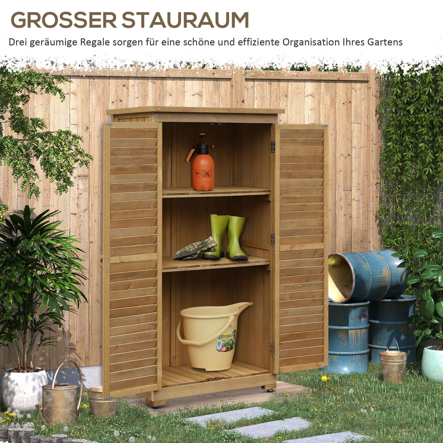Tuinkast – Houten Tuinhuisje – Tuinberging – Gereedschapskast – Opbergkast – Afgelakt Vurenhout – Ventilerende Lamellen Deuren – 87x46,5x160 cm